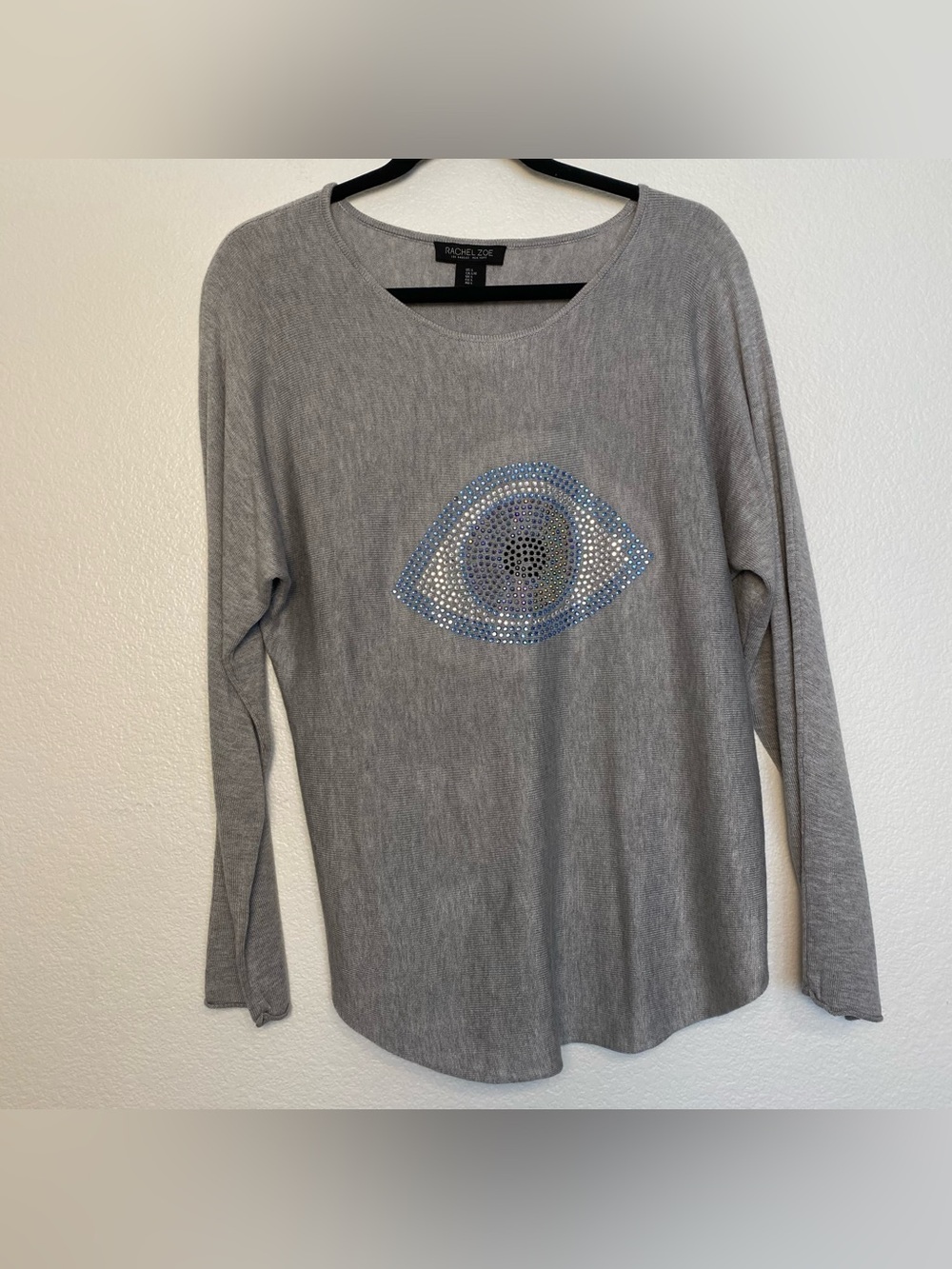 EUC Rachel Zoe Lightweight Sweater Size L Gray Eye Graphic Cashmere Blend Top